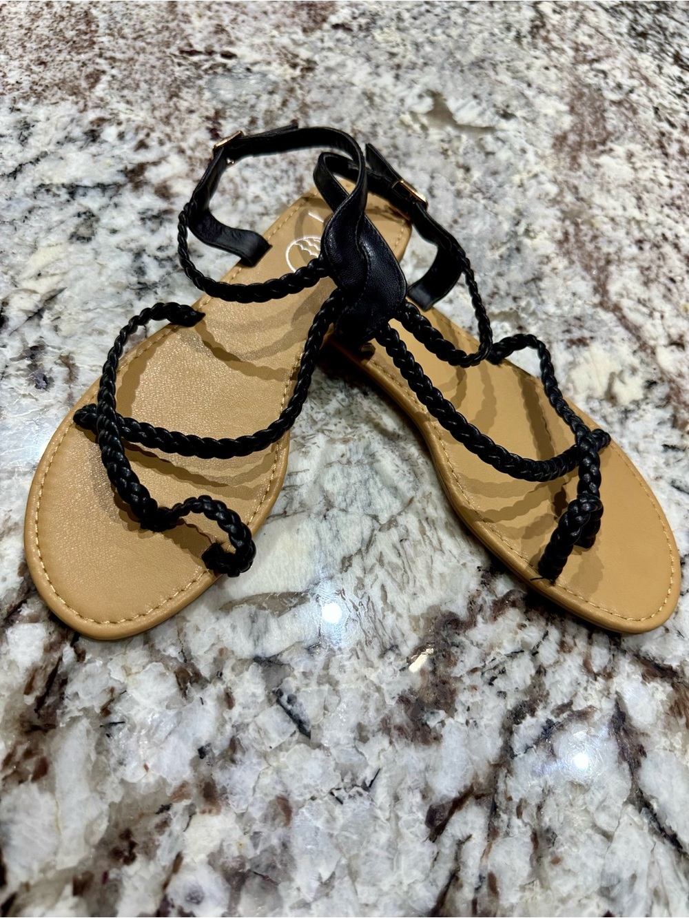 Braided Black-Strap Women's Sandals with Tan Footbed